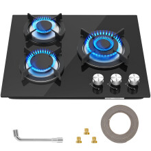 Gas Hob With 3 Burners - Built-in Black Glass With Flame Out Protection, Cast Iron Supports, NG/LPG Convertible