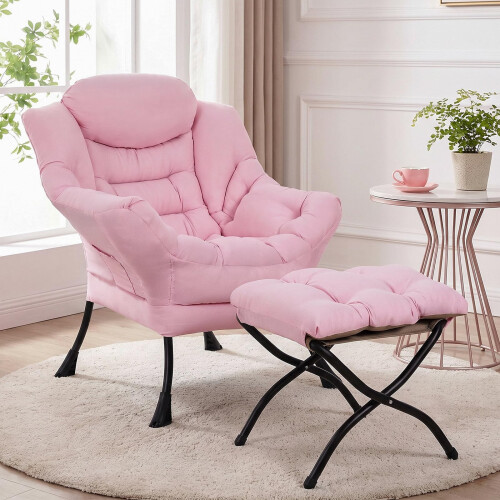 (Pink) Lazy Chair Lounge with foldable Footstool