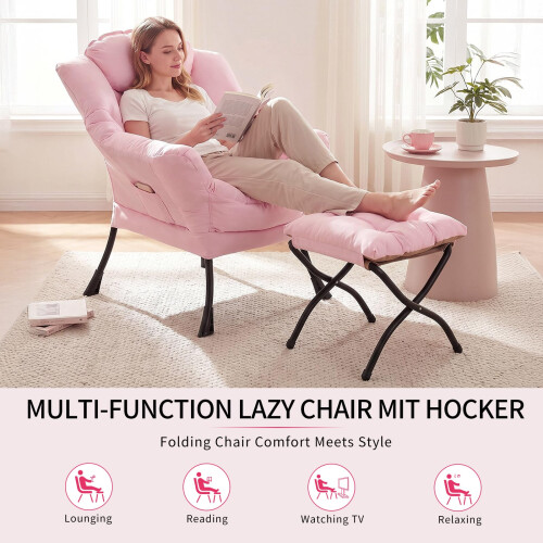 (Pink) Lazy Chair Lounge with foldable Footstool 2