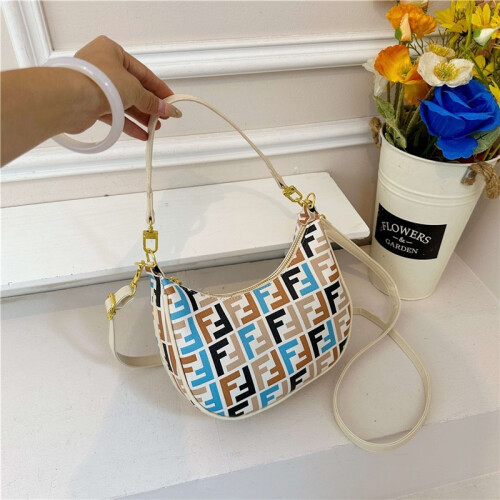 (White and blue) Ladies Color Letter Crescent Bag