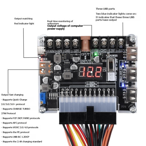 20/24-Pins ATX-Nätadapterkort - Justerbar Spänning med Röd Digital Display - Stöder PD2.0/PD3.0 1