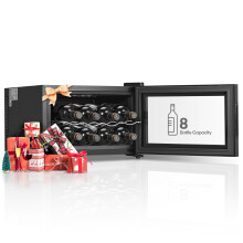 FOHERE Table-Top Wine Cooler Fridge Black, 8 Bottles Wine Cooler with Glass Door, LED + Digital Display, Glass Door Drinks Fridge, 5-18C,Single-Zone