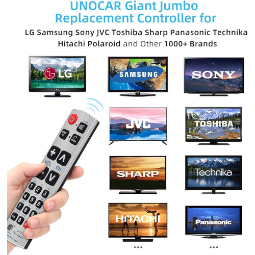 Seniors Elderly Big Button Universal Extra Large Comando UNOCAR - Jumbo Giant Remote, Simple Easy Basic Control, para LG Samsung Sony JVC 2