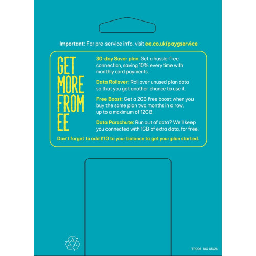 EE EE PAYG 10 Data Sim Includes 10 pre-paid credit, 20GB Data, 500 Minutes and Un 1