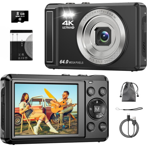 4K 64MP Digital Camera, 2.8" UHD Compact Camera