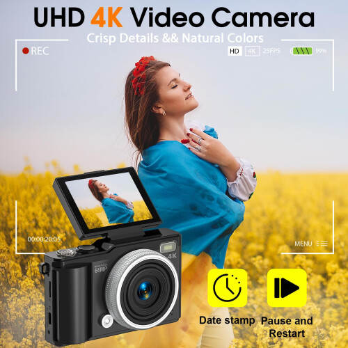 Digital camera 4K 64MP, Autofocus Compact Vlogging Camera with SD Card 1