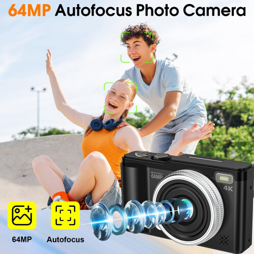 Digital camera 4K 64MP, Autofocus Compact Vlogging Camera with SD Card 2