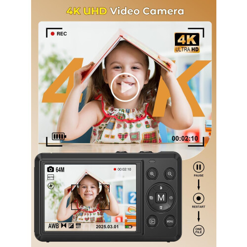 4K 64MP Digital Camera, 2.8" UHD Compact Camera 2