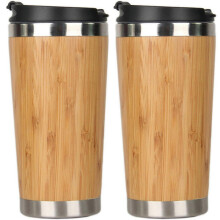 2026 2X 450ml Taza de café de bambú Taza de viaje de acero inoxidable con tapa Taza de café color bambú