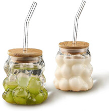 2026 Juego de 2 vasos de vidrio con forma de uva, tapas de bambú y pajitas, 355 ml (12 oz), ideales para café, agua, té y zumos.