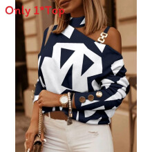 (StyleE,M)Fall Winter Womens Printed Top With Geometric Pattern And Crew Fashion Neck