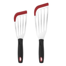 2er-Set Bratpfannenwender mit Silikonkante, Steakwender aus Edelstahl, geschlitzt, schwarz