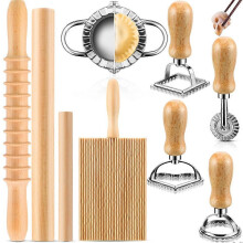 9 Pcs Pasta Making Tools Kit - Gnocchi Board, Pasta Cutter, Ravioli Stamp, Wood Pasta Roller Pin Set