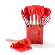 Silicone Cooking Utensils Set Non-Stick Spatula Shovel Wooden Handle Cooking 12Pcs Set Storage Box