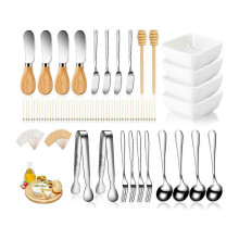 Board 3 Oz Ceramic Dip Bowls, Wooden Handle Silver Cheese Butter Knive Set Kit Silver & wood color