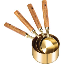Cups Spoons Set 8, Wood Handle Metric US Premium Stainless Steel, Golden Finish, Dry & Liquid