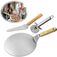 3-teiliges Set: Pizzaschieber, Pizzaschaufel und Kuchenschaufel aus Edelstahl mit Holzgriff, für Kuchen, Pizza und Torten.