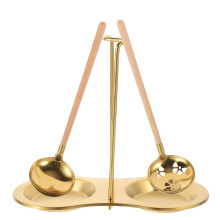 Golden Stainless Steel Soup Spoon with Wooden Handle for Serving 1Set