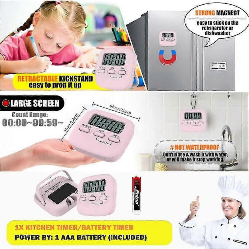 Dww Digital Kitchen Timers Magnetic Timer, Large LCD Screen, Back Stand, Hanging Hole Study, Pink 1