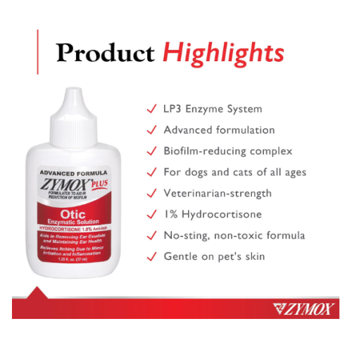 Zymox Otic Plus Ear Solution for Dogs Cats 1.25oz 2