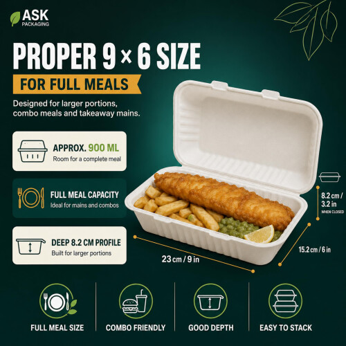 100 x Large Clamshell Takeaway Boxes (9x6 in) 900ml Full Meal Container 1