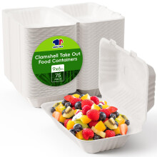 JOLLY CHEF 75 Pack 9 x 6 Inch Bagasse Clamshell Takeaway Boxes Heavy Duty