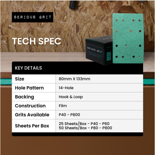 Serious Grit - 80x133mm 14-Hole P800 Grit Sanding Sheets - 50 Pack Box 2