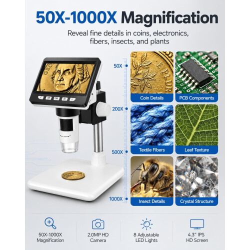 Coin Microscope, Aopick 4.3 Inch USB Microscope with 50X-1000X 2