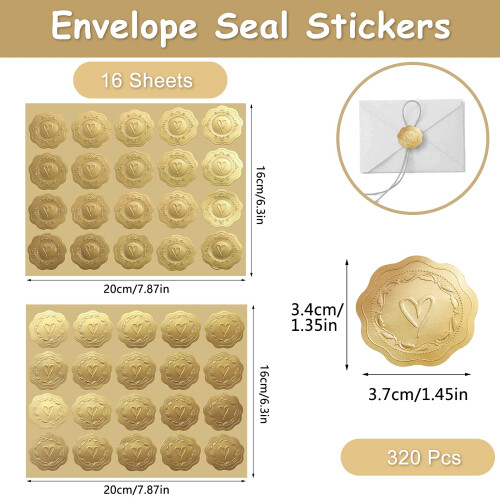 320 Pack Gold Embossed Envelope Seal Stickers, Heart Pattern 1