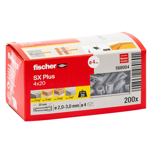 Fischer fischer SX Plus Wall Plugs 4 x 20mm Nylon Expansion Fixings 200 Pack
