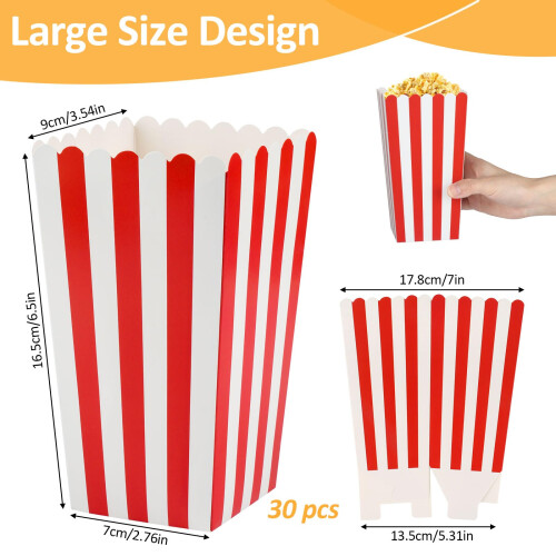 30 pcs Large Popcorn Boxes, Red & White Striped Paper Popcorn Bags 1