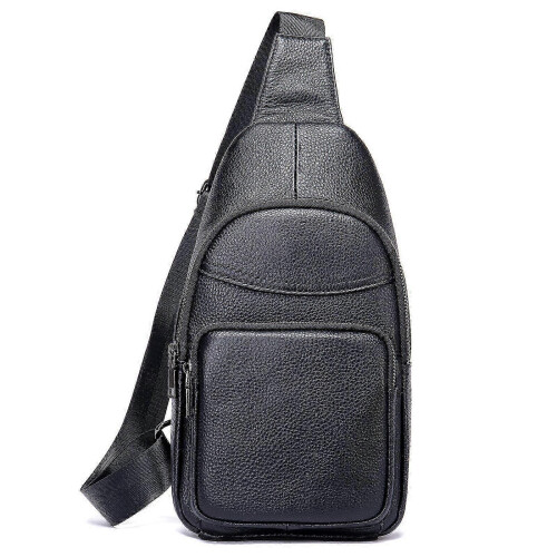 Simple Solid-Color Men's Leather Chest Bag Multipurpose Waterproof Sling Pack Working Office Black 1