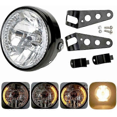 Round Motorcycle Headlight - LED Projector with Mounting Bracket - 12V 7" Halogen LED