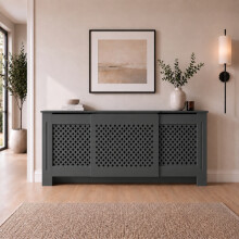 Heatsync Radiator Cover Anthracite Grey Painted Traditional Cross Slat Shelves MDF Cabinet Shelf for Radiators, Living Rooms, Bedrooms, Adjustable
