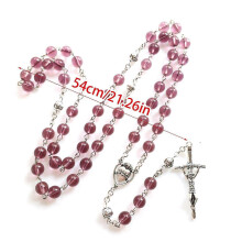 Collar rosario vintage de cristal rosa con colgante de cruz vintage, joyería larga para esposa y novia, multicolor.