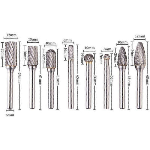 Rotary Burrs, Double Cut Burrs, 8 Pieces Double Cut Steel Solid Burrs Set 6mm Shank Tools Drill 1
