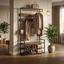 Braune Garderobe mit Haken, Schubladen und Schuhablage