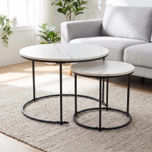 Set van 2 metalen bijzettafels met marmerlook – wit/zwart