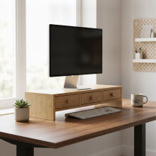 Monitorstandaard met 3 lades, houtlook, MDF