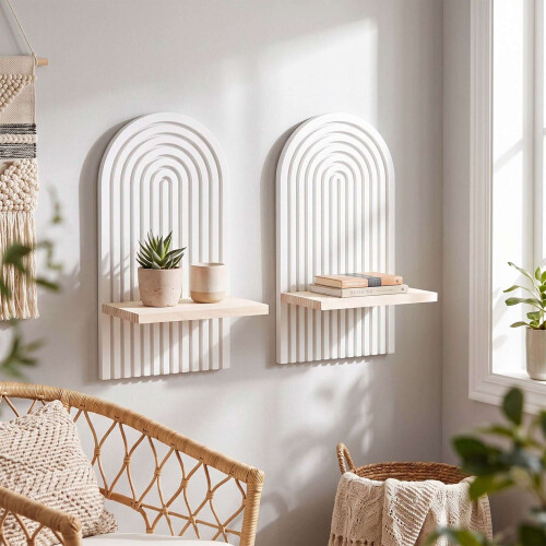 Boho houten wandplankenset, naturel wit, 2 stuks 2