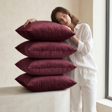 (Pack of 4, Plain Velvet Filled Cushion Burgundy) Velvet Cushions Filled 2 & 4-Pack Quilted Cushion Pads