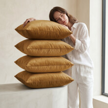 (Pack of 4, Plain Velvet Filled Cushion Ochre) Velvet Cushions Filled 2 & 4-Pack Quilted Cushion Pads
