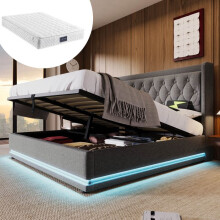 Cama con canapé tapizado 160 x 200 cm con colchón de 25 cm, cabecera acolchada, LED y USB Tipo-C, gris