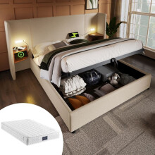 Cama tapizada 160x200 con cofre y cabecero de almacenamiento USB-C, colchón de 25 cm incluido - beige lino