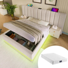 Cama litera tapizada 160x200 cm lino beige con colchón, somier de lamas, LED y puerto USB-C