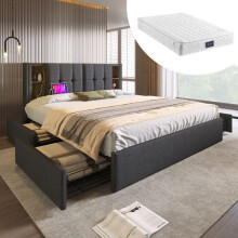 Cama - Cama tapizada acolchada 160x200 - Carga inalámbrica y USB-C - 4 cajones - Somier de lamas