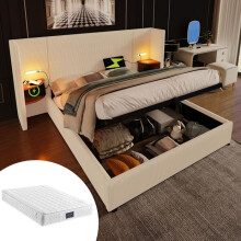 Cama con tapizado acolchado 160x200 cm beige/blanco con colchón de 25 cm, somier de lamas, puertos USB/USB-C y lámpara.