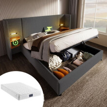 Cama litera tapizada 160x200 cm gris con colchón de 25 cm, somier de lamas, cabecero con USB-C y lámpara.