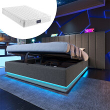 Cama tapizada con cofre - 160x200 con colchón - LED RGB + USB-C - Somier de lamas - Cofre hidráulico