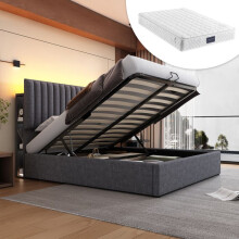 Cama doble capitonada 160x200 cm con LED, puertos USB/Type-C, almacenamiento, somier y colchón incluidos - gris